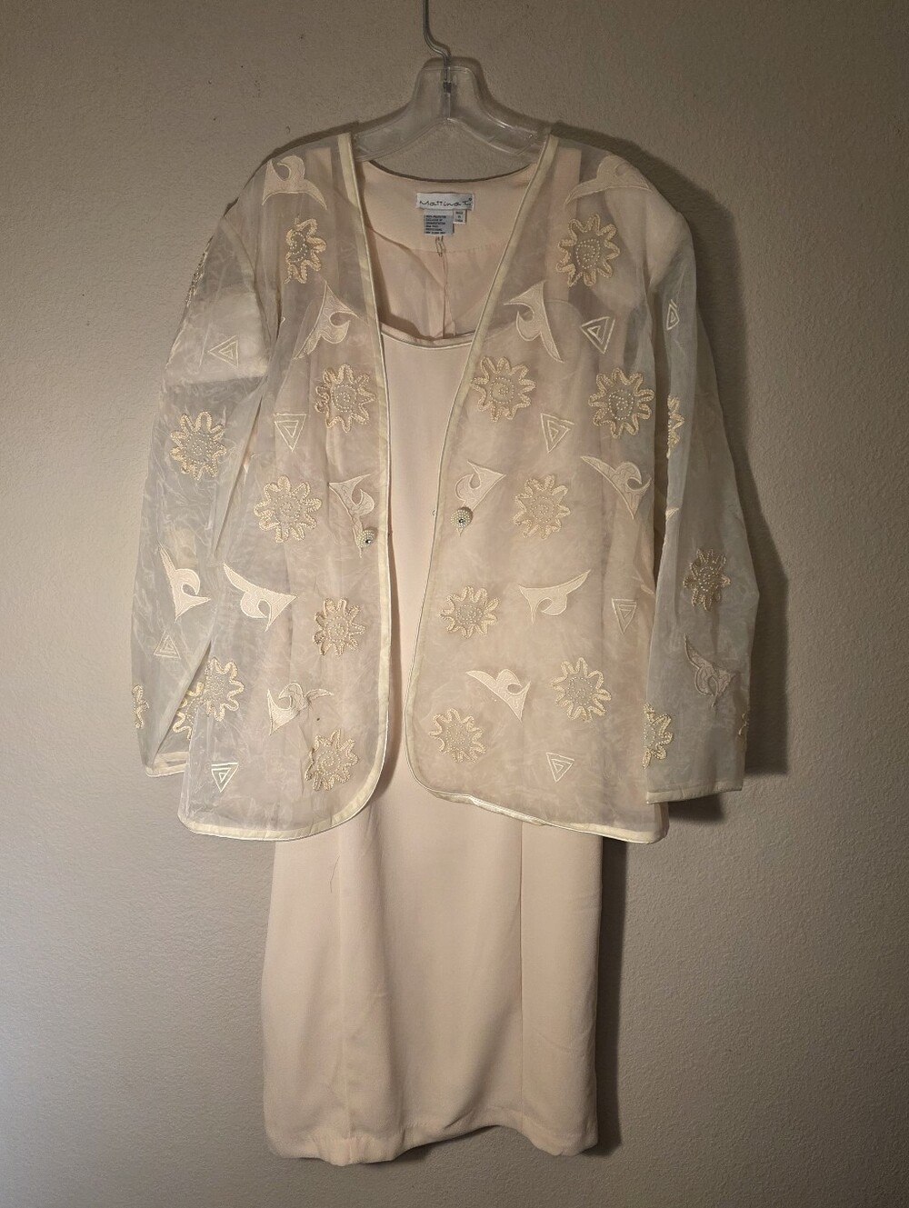 Jolie Sheer Cream Embroidered Jacket over Straight Dress with Straps